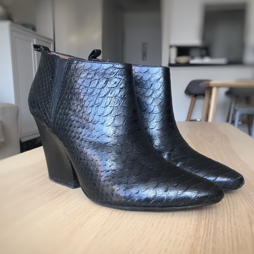 Rebecca Minkoff La Roux black snake print booties
